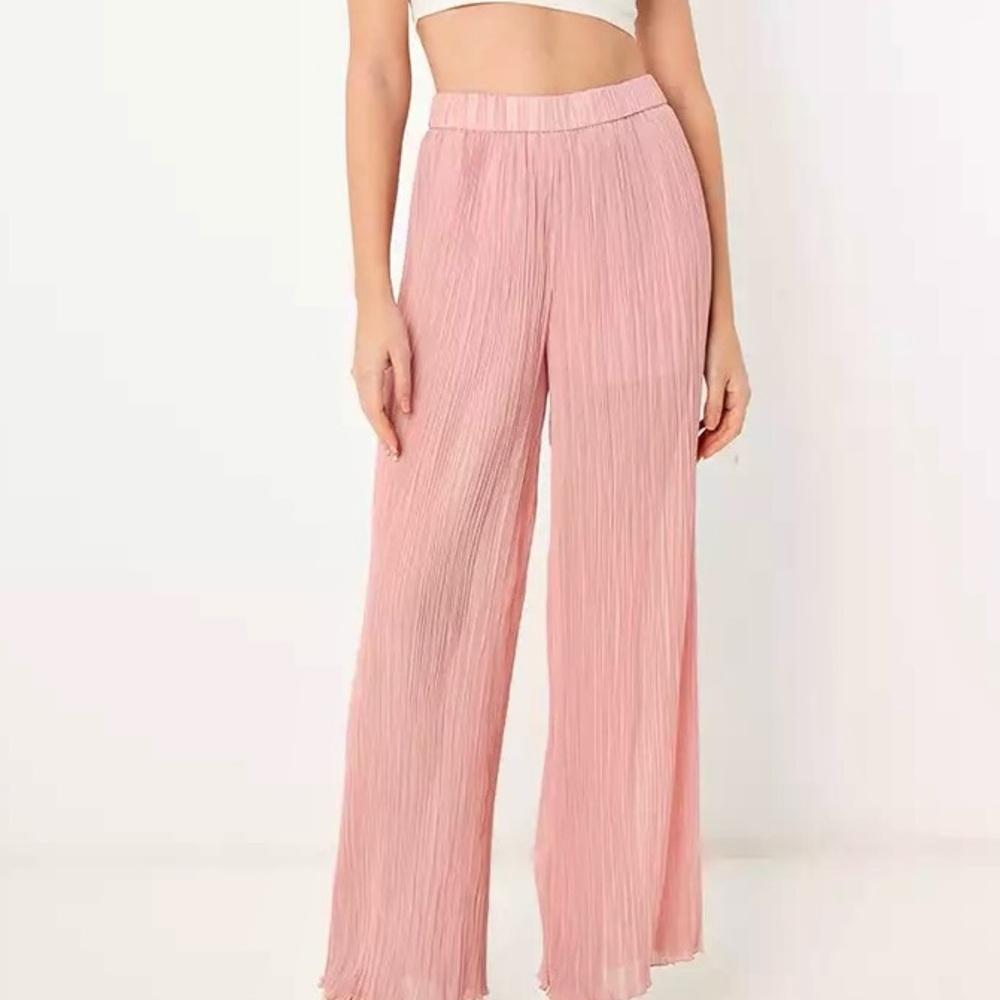 Zara NWT pink pleated plisse flowy summer elastic waistband pants - Picture 4 of 6